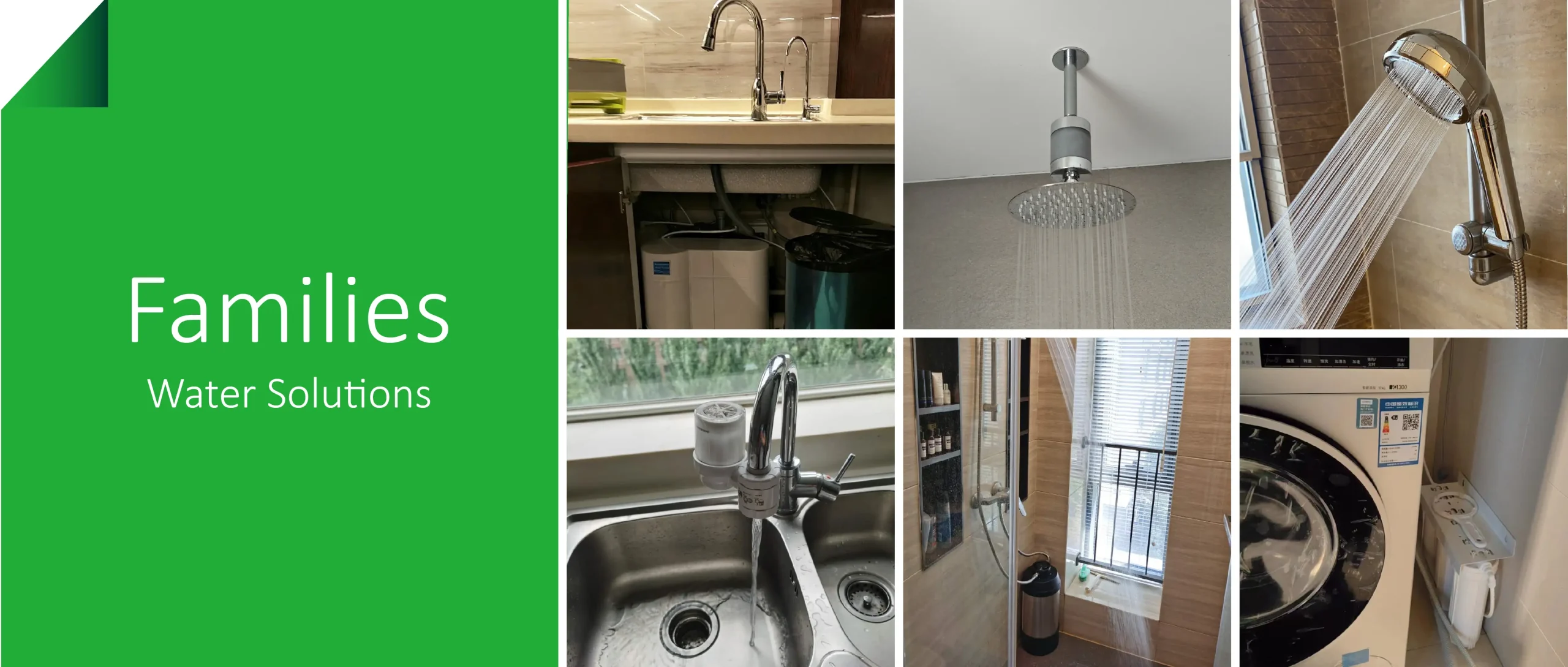 Family RO water filter solutions collage: kitchen drinking tap with under-sink RO, overhead and hand showers with softened water, bathroom softener cylinder, washing machine inlet filter