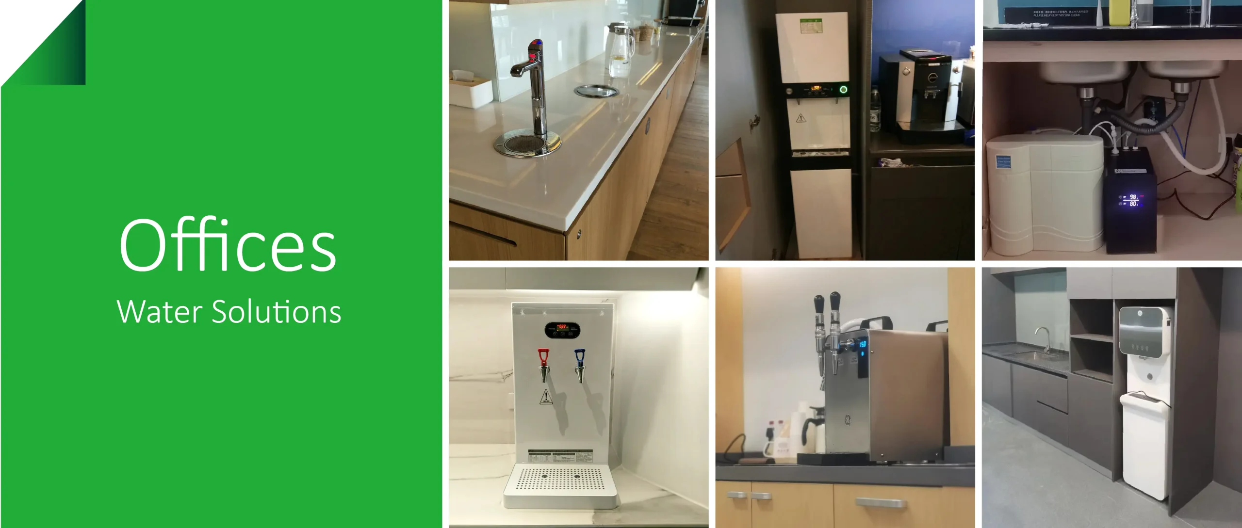 Water Filters Solutions - Office drinking-water solutions collage: countertop taps, hot/cold dispensers, under-sink RO systems, and freestanding units in pantry areas