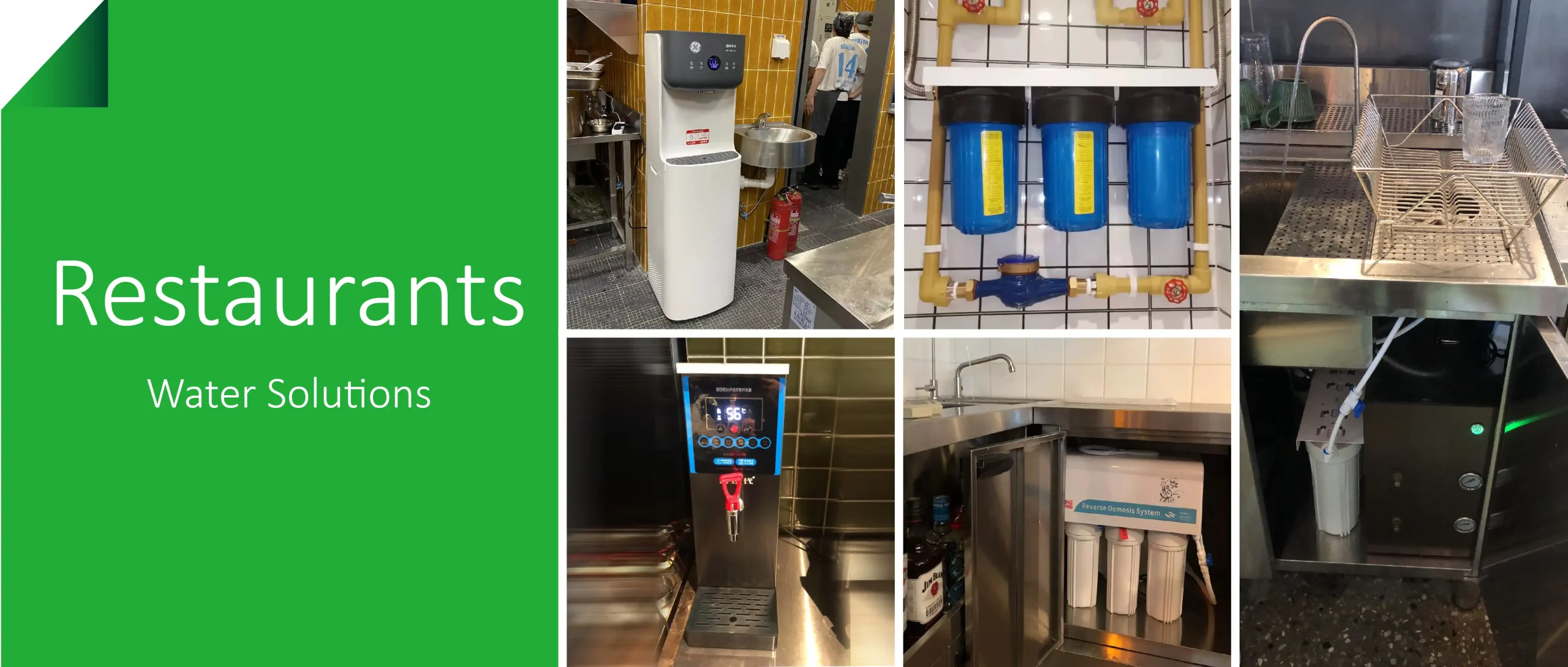 Restaurant RO water filters solutions collage: hot-water dispenser/boiler, triple pre-filter manifold, bar sink faucet with glass rinser, and under-counter RO system