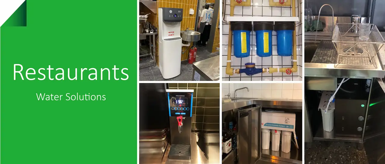 Best Good Top to buy buying Restaurant RO water filters solutions collage in China, Shanghai, Beijing, Guangzhou, Shenzhen: hot-water dispenser/boiler, triple pre-filter manifold, bar sink faucet with glass rinser, and under-counter RO system reverse osmosis Green Wave.
