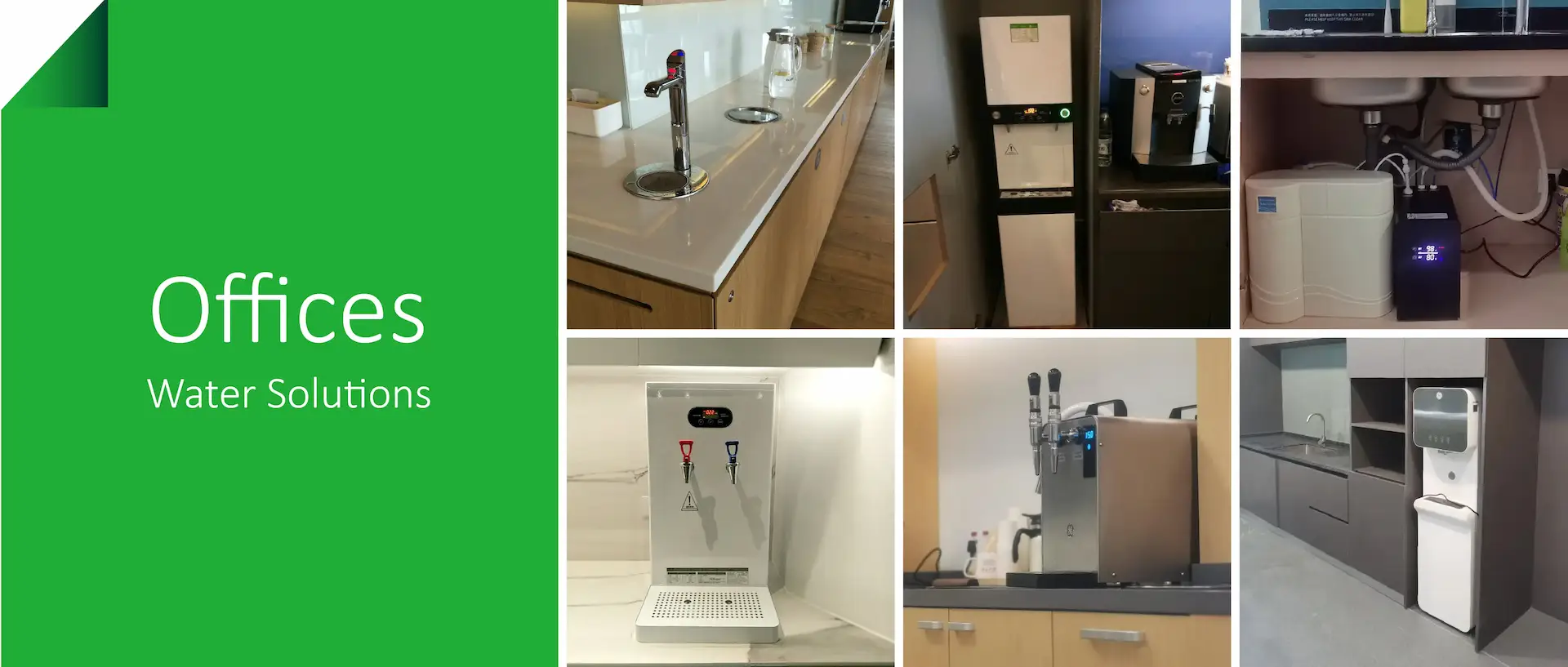 Best top good buy buying Water Filters Solutions Green Wave in China, Shanghai, Beijing, Shenzhen, Guangzhou - Office drinking-water solutions collage: countertop taps, hot/cold dispensers, under-sink RO reverse osmosis systems, and freestanding units in pantry areas