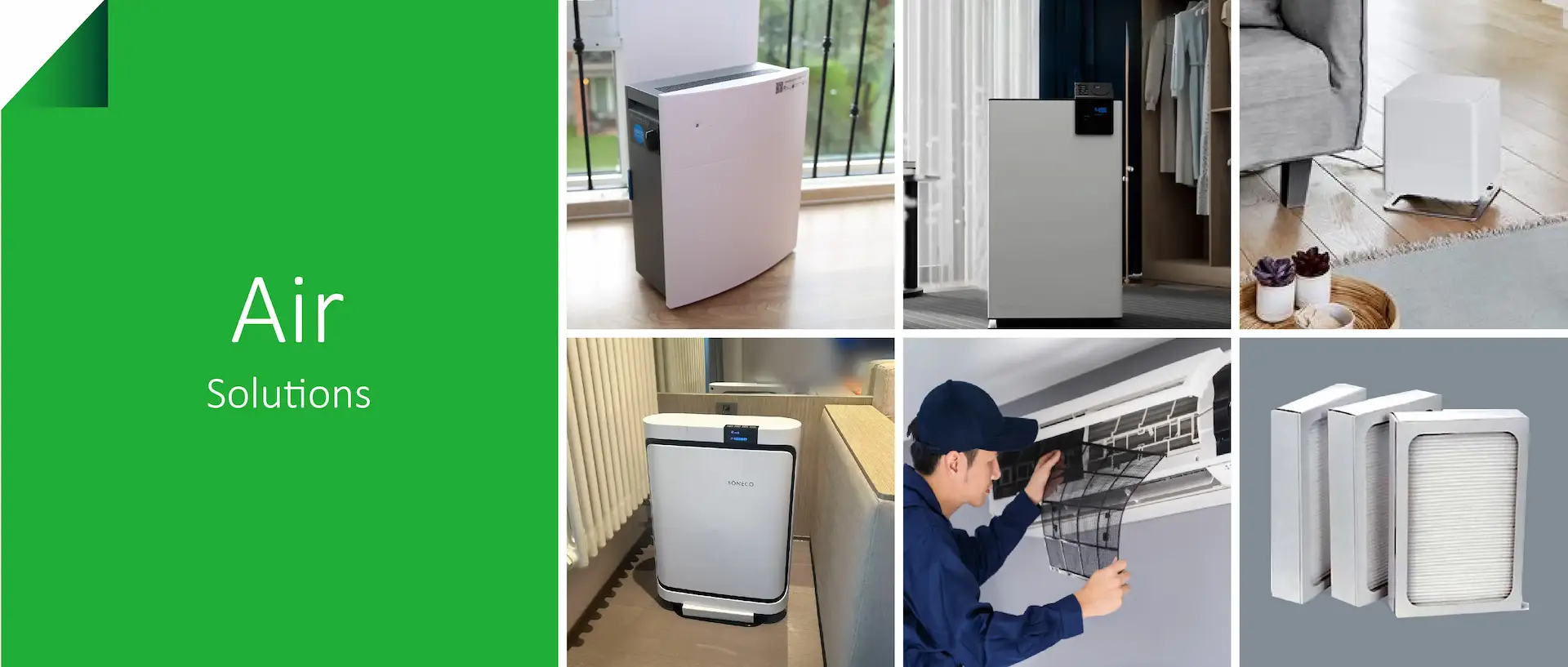 Best top good to buy buying Air solutions collage in China, Shanghai, Beijing, Shenzhen, Guangzhou: portable air purifiers, technician cleaning an AC filter, and HEPA replacement filter cartridges, Green Wave.